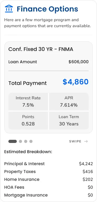 The Finance Options section of Afordal’s client nurture App.