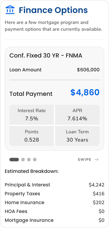 The Finance Options section of Afordal's client nurture App.
