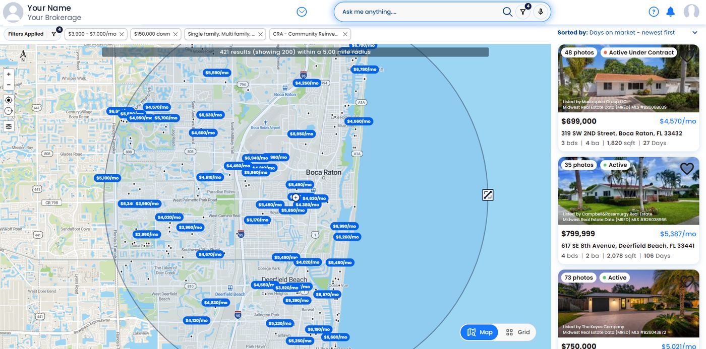 Afordal home search map showing estimated monthly payments on each listing