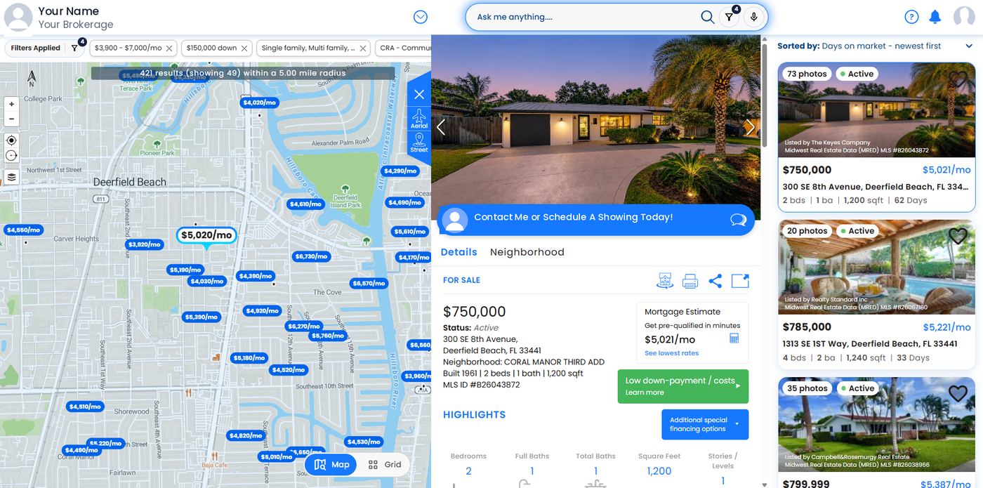 Listing detail showing a mortgage estimate and special financing buttons
